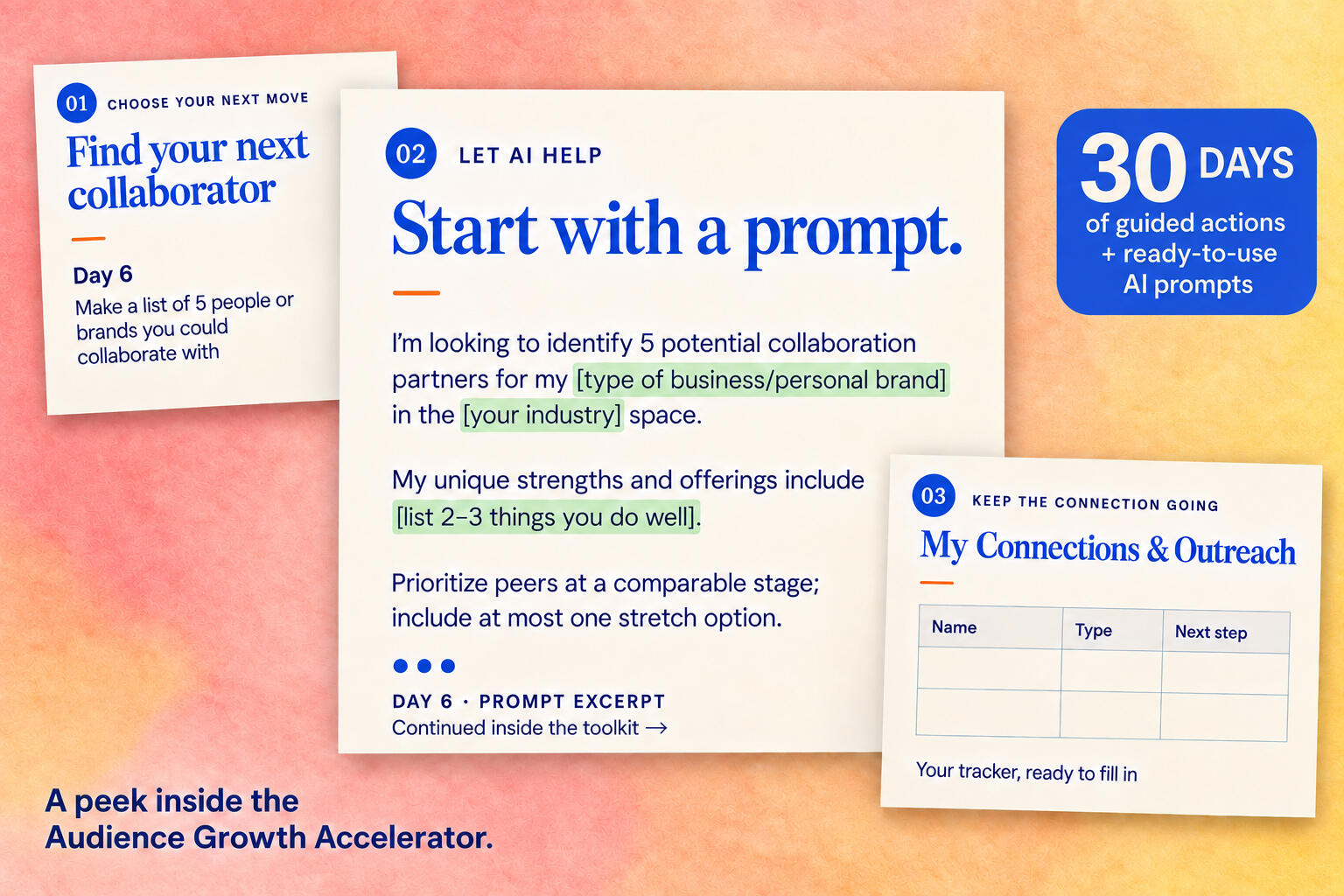 Audience Growth Accelerator: 30 days of guided actions and ready-to-use AI prompts, with a sample action, prompt excerpt, and connections tracker.